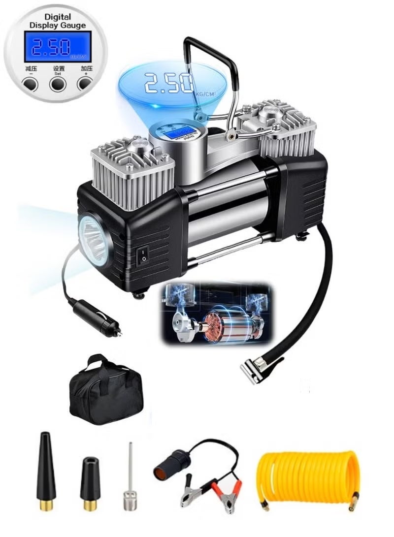 كلاسيك منفاخ إطارات السيارة المحمول، ضاغط هواء رقمي، مضخة هواء 150 رطل لكل بوصة مربعة مع أسطوانة مزدوجة 30 مم شديدة التحمل/إيقاف تلقائي/ضوء LED/مقبض معدني، مقياس ضغط، منفاخ إطارات الدراجة - احترافي لسيارات الدفع الرباعي والطرق الوعرة والشاحنات - Image 1