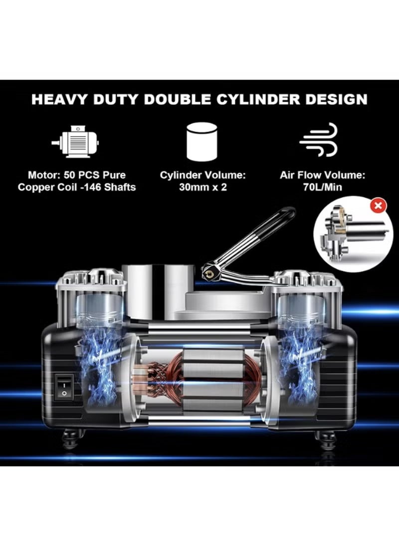 كلاسيك منفاخ إطارات السيارة المحمول، ضاغط هواء رقمي، مضخة هواء 150 رطل لكل بوصة مربعة مع أسطوانة مزدوجة 30 مم شديدة التحمل/إيقاف تلقائي/ضوء LED/مقبض معدني، مقياس ضغط، منفاخ إطارات الدراجة - احترافي لسيارات الدفع الرباعي والطرق الوعرة والشاحنات - Image 4