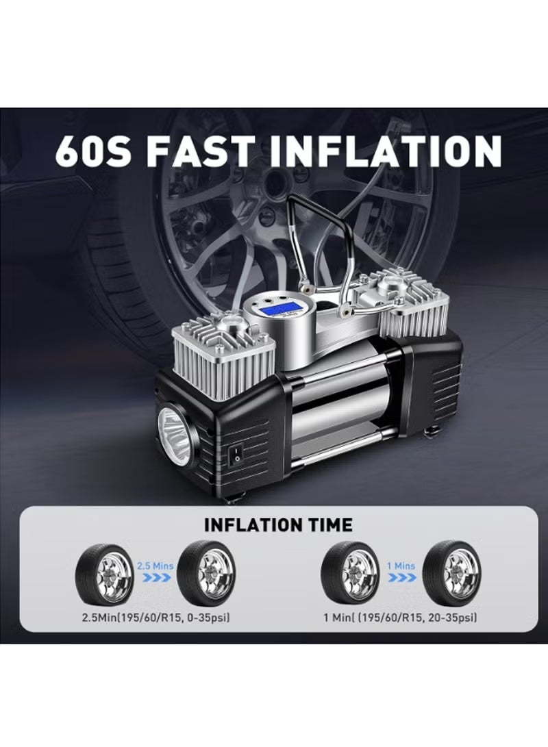 كلاسيك منفاخ إطارات السيارة المحمول، ضاغط هواء رقمي، مضخة هواء 150 رطل لكل بوصة مربعة مع أسطوانة مزدوجة 30 مم شديدة التحمل/إيقاف تلقائي/ضوء LED/مقبض معدني، مقياس ضغط، منفاخ إطارات الدراجة - احترافي لسيارات الدفع الرباعي والطرق الوعرة والشاحنات - Image 3