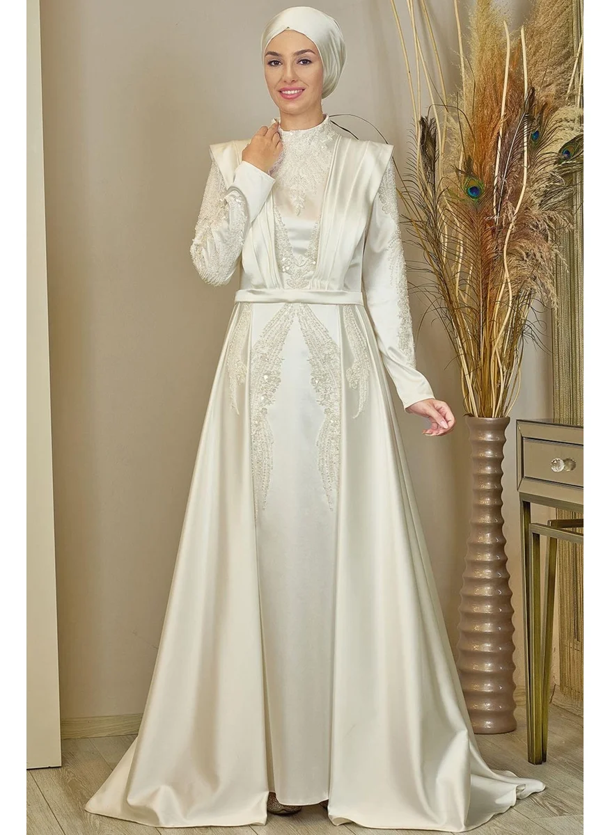 Esilanur Draped Front Beaded Tailed Miranda Hijab Evening Dress White
