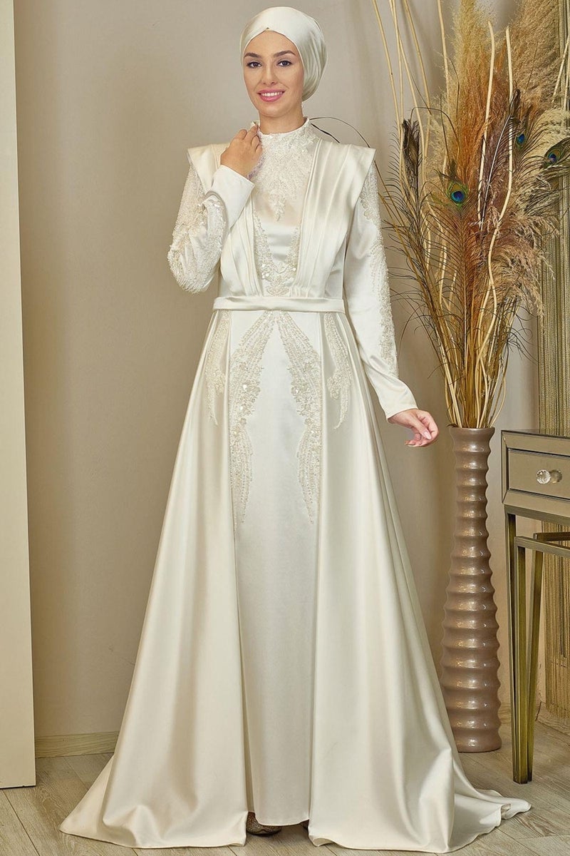 Esilanur Draped Front Beaded Tailed Miranda Hijab Evening Dress White  - Image 1