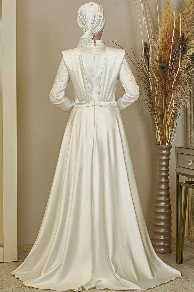 Esilanur Draped Front Beaded Tailed Miranda Hijab Evening Dress White  - Image 3