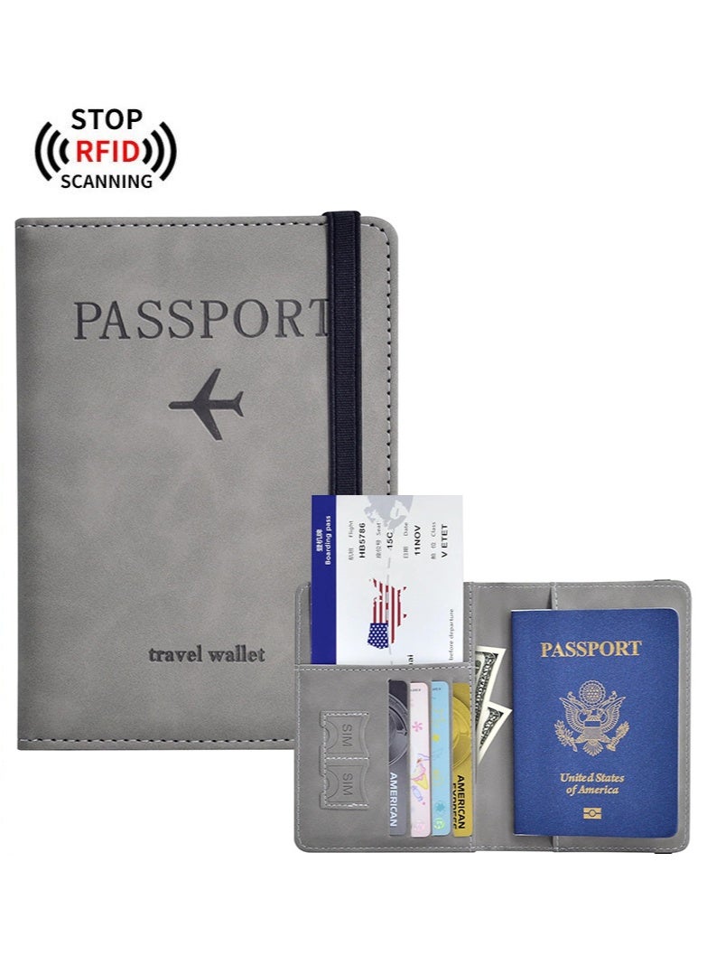 KENSUO Passport Holder, Passport Cover with Credit Card Slot and Boarding Pass Slot Combo, Passport Wallet Case Book Travel Must Have, RFID Blocking Leather Travel Accessories, Grey - Image 1
