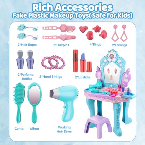 Tsomtto Toddler Frozen Vanity Table and Chair Girls Magic Makeup Set with Mirror and Lights Music Kids Pretend Play Toys for 2 3 4 5 Year Old Girl Princess Dress Playset Birthday Gifts Ages 24 35 - Image 5