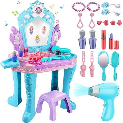 Tsomtto Toddler Frozen Vanity Table and Chair Girls Magic Makeup Set with Mirror and Lights Music Kids Pretend Play Toys for 2 3 4 5 Year Old Girl Princess Dress Playset Birthday Gifts Ages 24 35 - Image 1