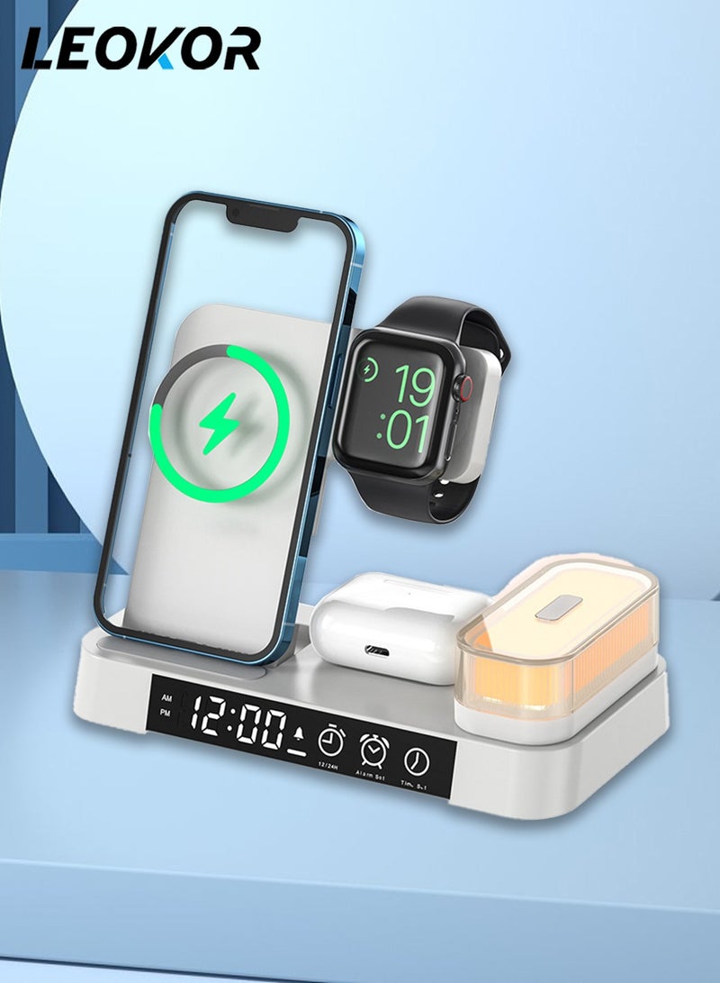 LEOKOR 4 in 1 Wireless Charging Station,with Alarm Clock LED Night Light,Fast Wireless Charger,for iPhone 14/13/12/11/Pro/Max/XS/XR Wireless Charging Stand Dock,for Apple Watch (White)  - Image 1