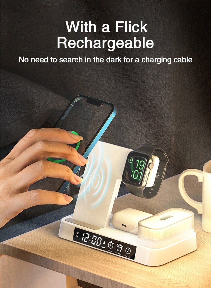 LEOKOR 4 in 1 Wireless Charging Station,with Alarm Clock LED Night Light,Fast Wireless Charger,for iPhone 14/13/12/11/Pro/Max/XS/XR Wireless Charging Stand Dock,for Apple Watch (White)  - Image 2
