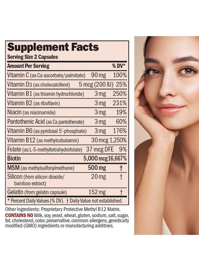 ANDREW LESSMAN Healthy Hair, Skin and Nails 240 Capsules - 5000 mcg High Bioactivity Biotin, B-Complex. Promotes Beautiful Skin, Strong Nails. No Additives Hair Growth Vitamins Biotin Supplement - Image 1