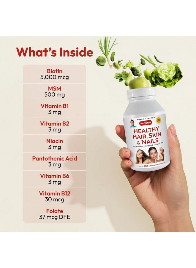 ANDREW LESSMAN Healthy Hair, Skin and Nails 240 Capsules - 5000 mcg High Bioactivity Biotin, B-Complex. Promotes Beautiful Skin, Strong Nails. No Additives Hair Growth Vitamins Biotin Supplement - Image 2