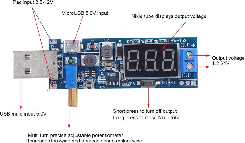 وحدة مصدر طاقة USB، من جهد DC3.5-12V إلى جهد DC1.2-24V، مع منظم ومحول للجهد المرتفع؛ جهد خرج قابل للتعديل، واجهات USB وMicro USB، مثالية للأجهزة الإلكترونية. - Image 5