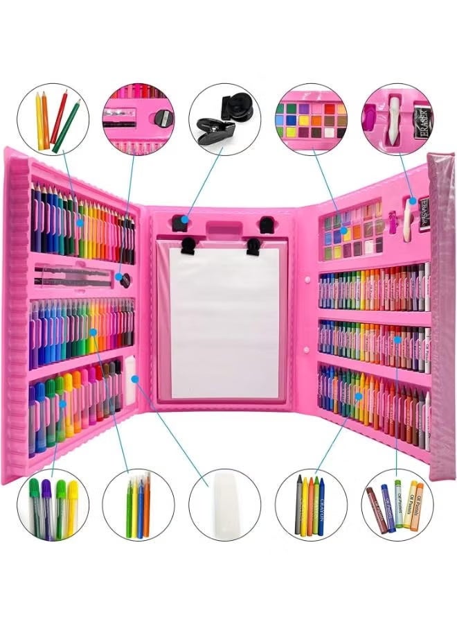 SWIFT 208 Pieces Double Sided Trifold Easel Art Set Portable Art Supplies Drawing Set Box With Oil Pastels Crayons Colored Pencils Markers Paint Brush Sketch Pad For Kids Gift (Pink) - Image 2
