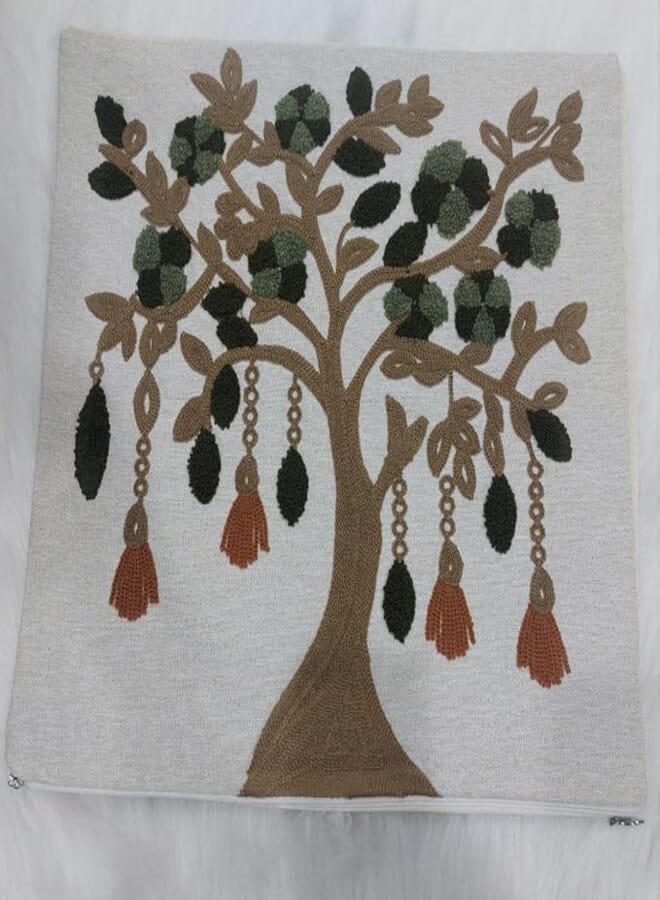 Generic Decorative Linen Cushion Cover with Embroidered Tree Design,(Green and Brown Floral) Pattern, 45 x 45 cm, 2 Pack .sr