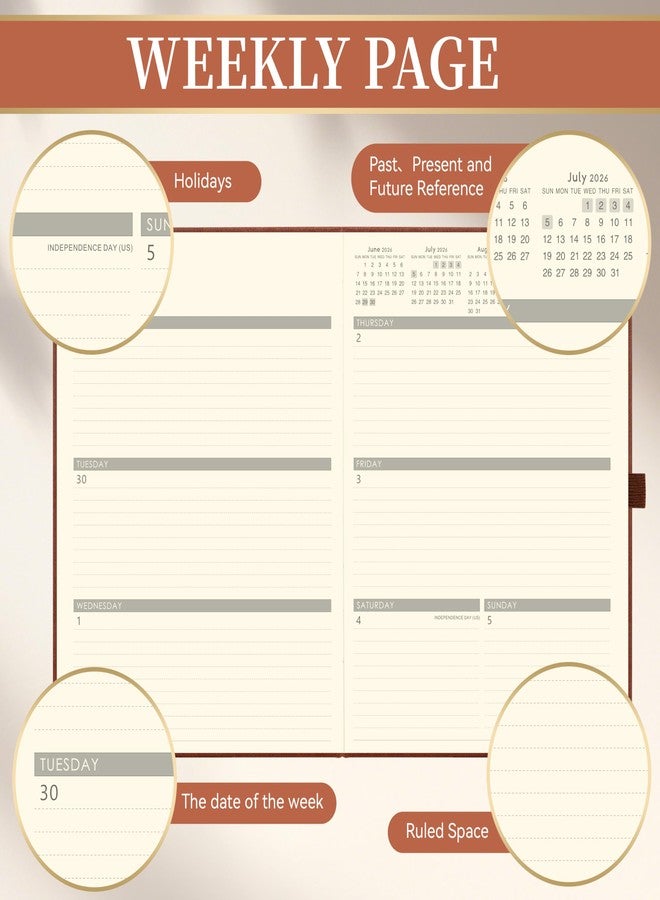 Vondafe 2026-2027 Planner - Academic Planner 2026-2027, July 2026 - June 2027, 9" x 11", Leather Planner Large, Monthly Weekly Planner with Pen Holder + Elastic Closure + Leather Hardcover + Bookmarks - Brown - Image 4