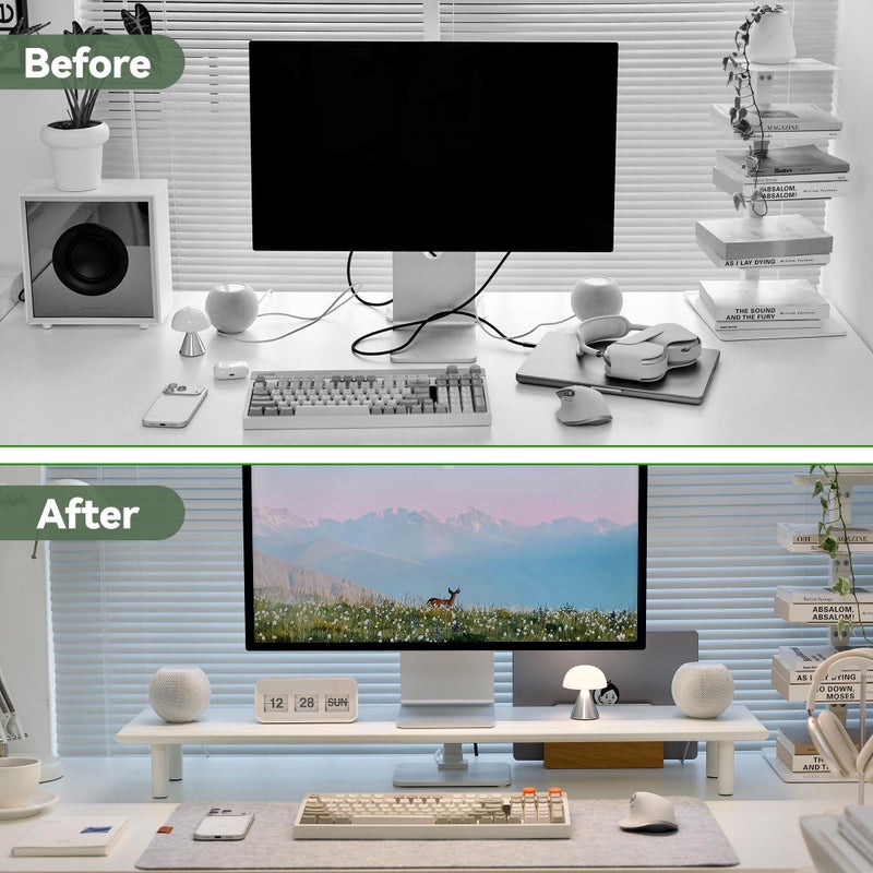 ROCDEER Bamboo Dual Monitor Stand Riser with Underneath Storage, Ergonomic Desk Shelf Supports PC Computer Monitor, Printer, TV for Home, Office, White - Image 5