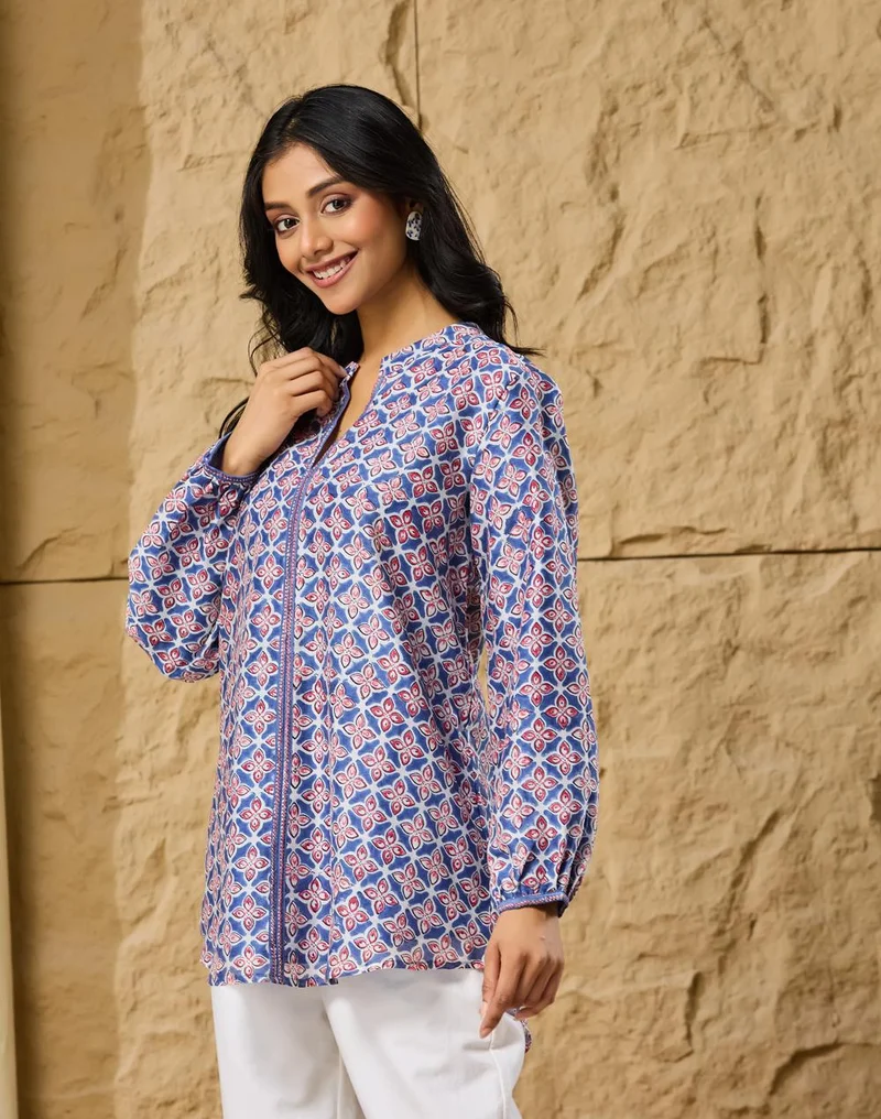 Fabindia  Blue-Pink Cotton Silk Hand Block Printed Clara Tunic for Women | Best Price UAE