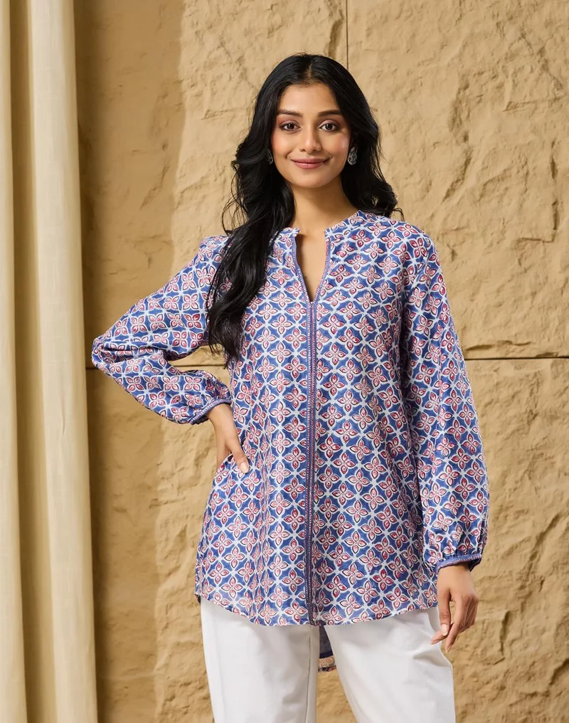 Fabindia Blue-Pink Cotton Silk Hand Block Printed Clara Tunic