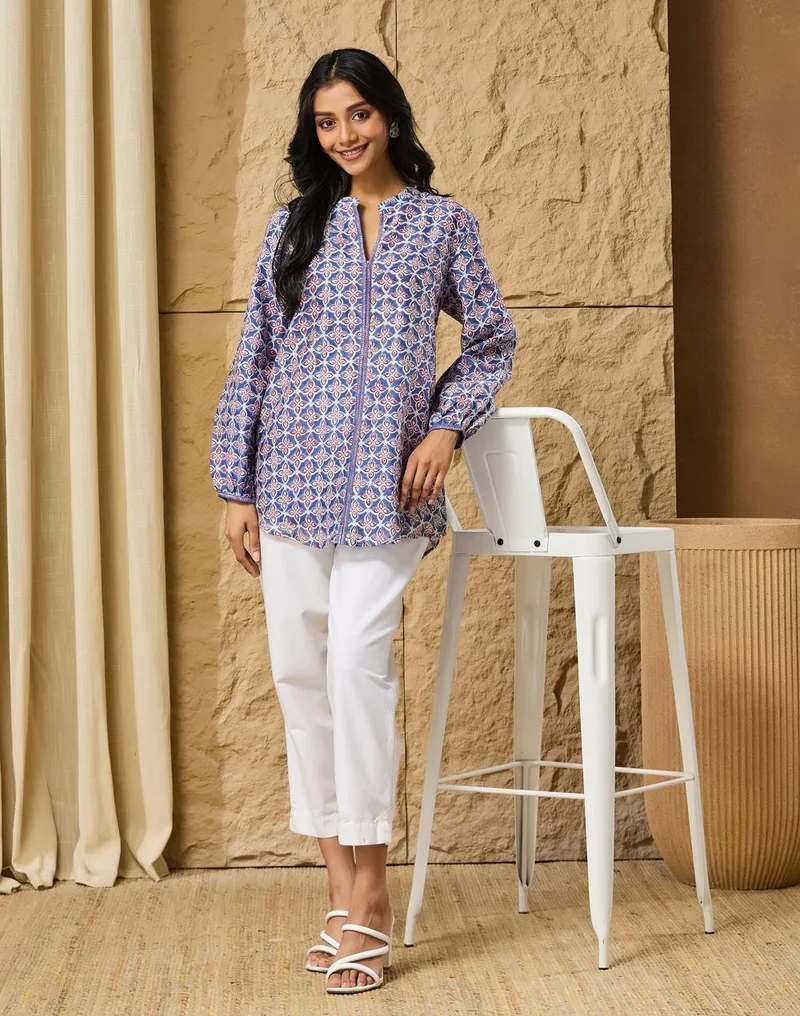 Fabindia  Blue-Pink Cotton Silk Hand Block Printed Clara Tunic for Women | Best Price UAE