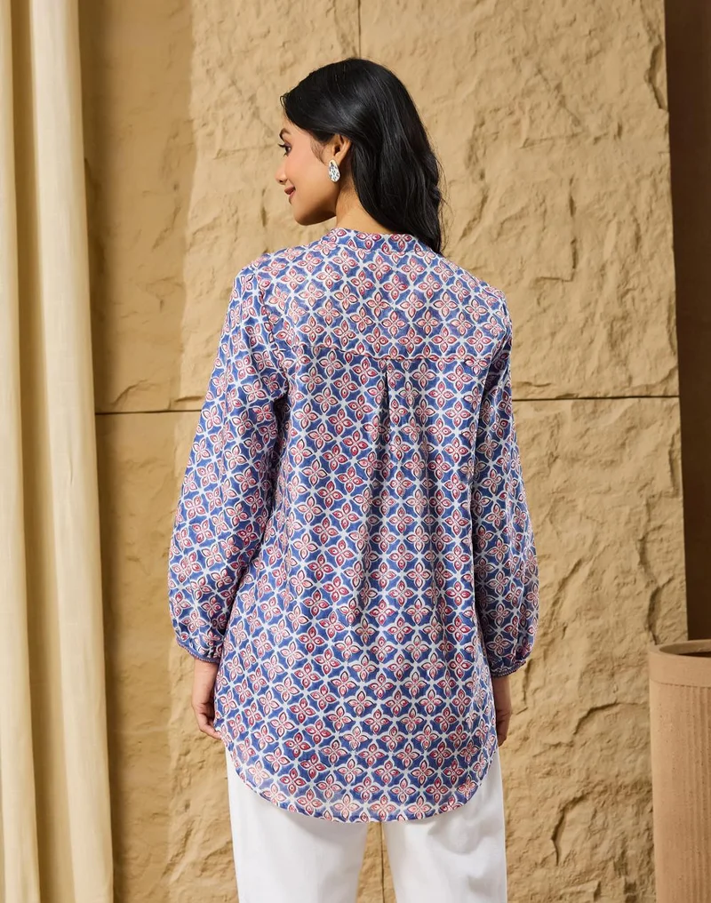 Fabindia  Blue-Pink Cotton Silk Hand Block Printed Clara Tunic for Women | Best Price UAE
