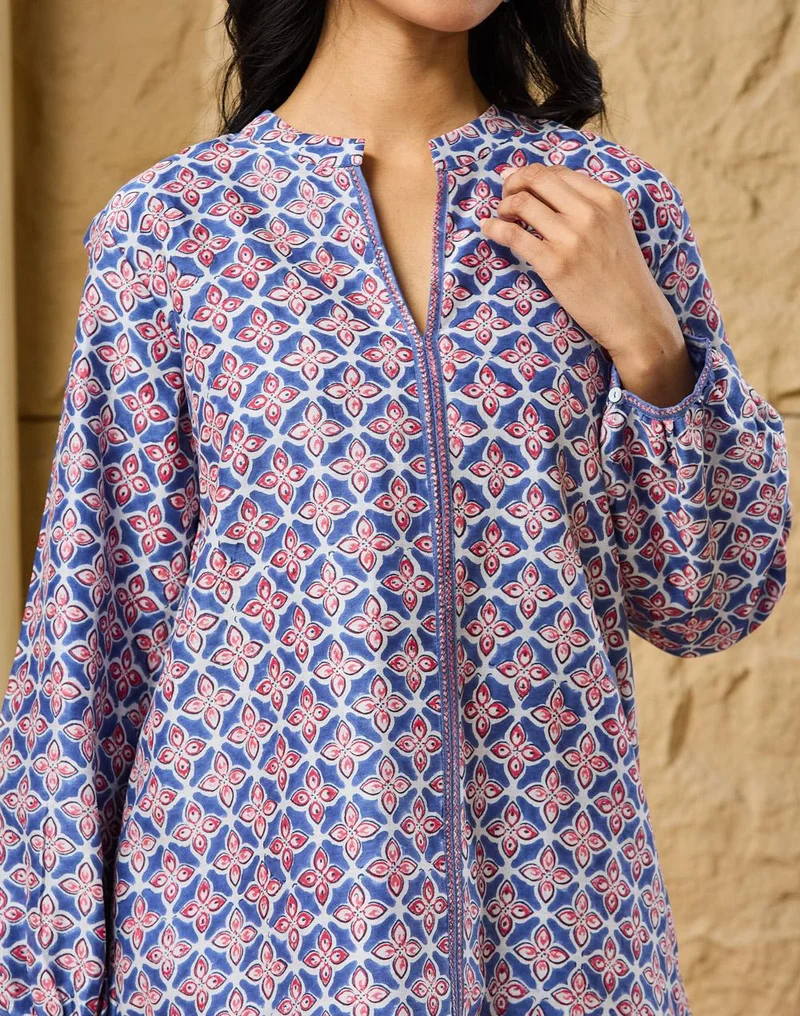 Fabindia  Blue-Pink Cotton Silk Hand Block Printed Clara Tunic for Women | Best Price UAE