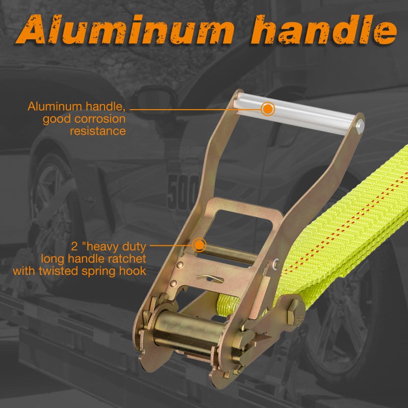 Autofonder Adjustable Vehicle Tie Down Kit with Flat Hook Heavy Duty-Break Strength 10,000 lbs-Working Load 3333 lbs-2" x 10' Lasso Ratchet Straps for Car, Truck, UTV(Classic Yellow) - Image 4