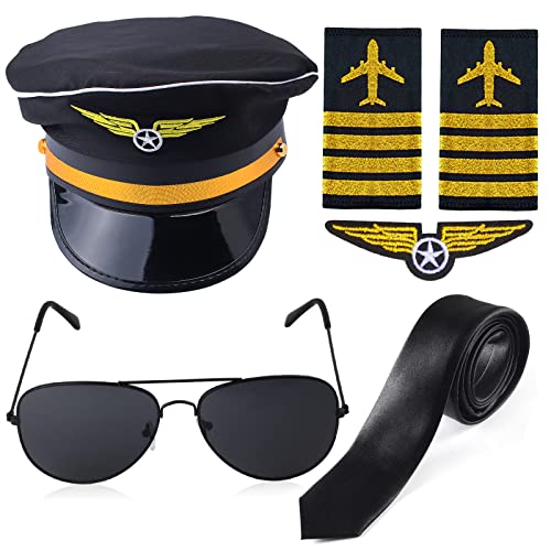 Yewong Airline Pilot Captain Hat Pilot Costume Accessory with Aviator Sunglasses for Adults and Teens Captain Halloween Party Cosplay Supplies Black3 - Image 1