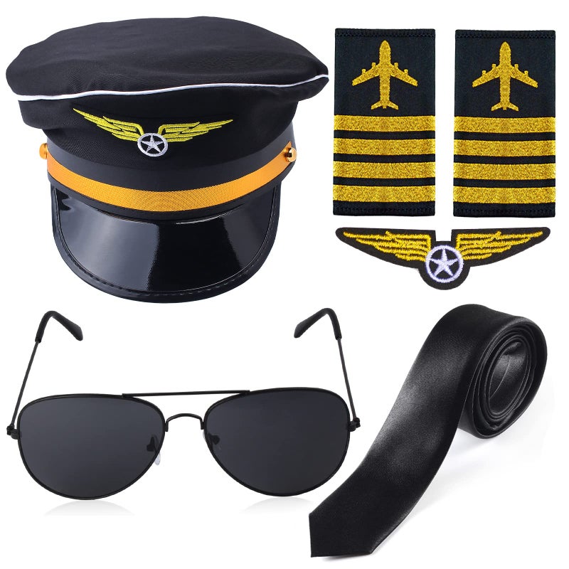 Yewong Airline Pilot Captain Hat Pilot Costume Accessory with Aviator Sunglasses for Adults and Teens Captain Halloween Party Cosplay Supplies Black3 - Image 4