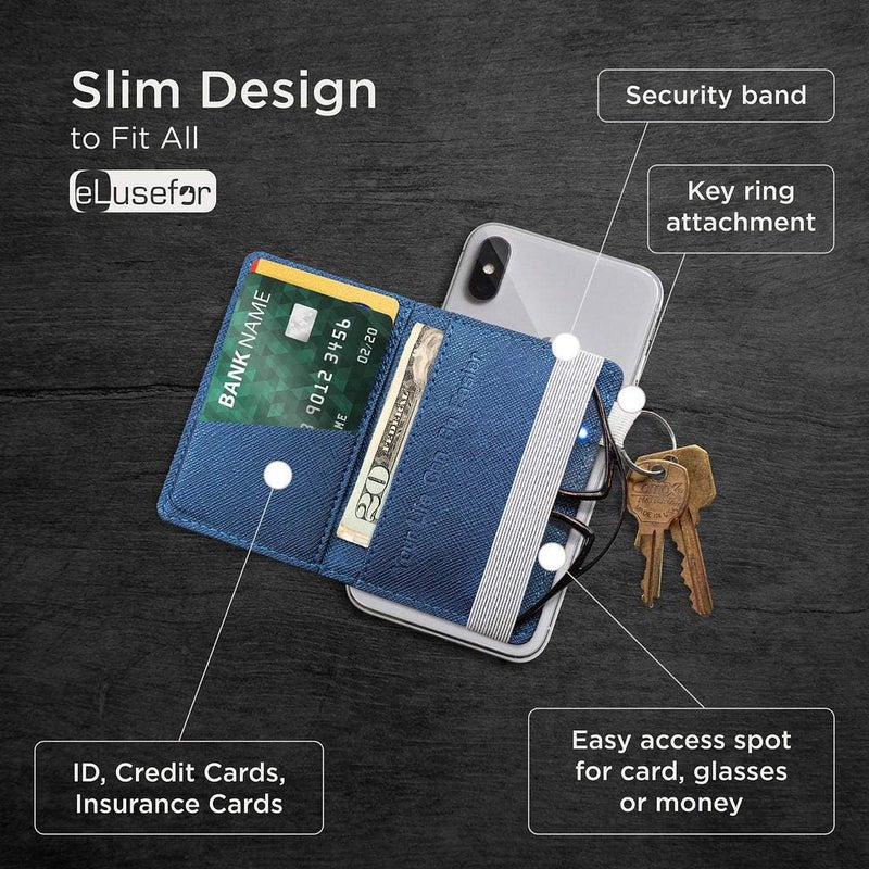 eLusefor Stick-On Phone Wallet for Back of iPhone or Android Case | 6 Sleeve Credit Card Holder - Pocket for Cards, Money & ID - Built-in Stand - Waterproof Material - Travel, Work & Life-Proof - Blue - Image 2