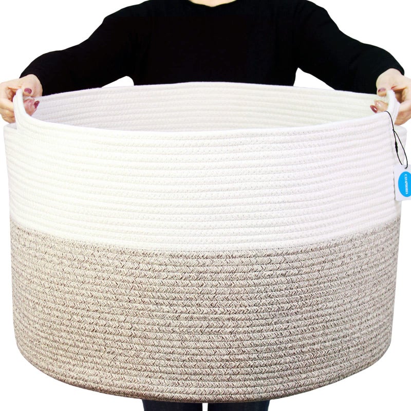 Casaphoria XXXLarge Cotton Rope Basket for Living Room  Woven Storage Basket with Handle for Blankets Towels and Pillows Laundry Hamper  White and Brown 22 x 22 x 14