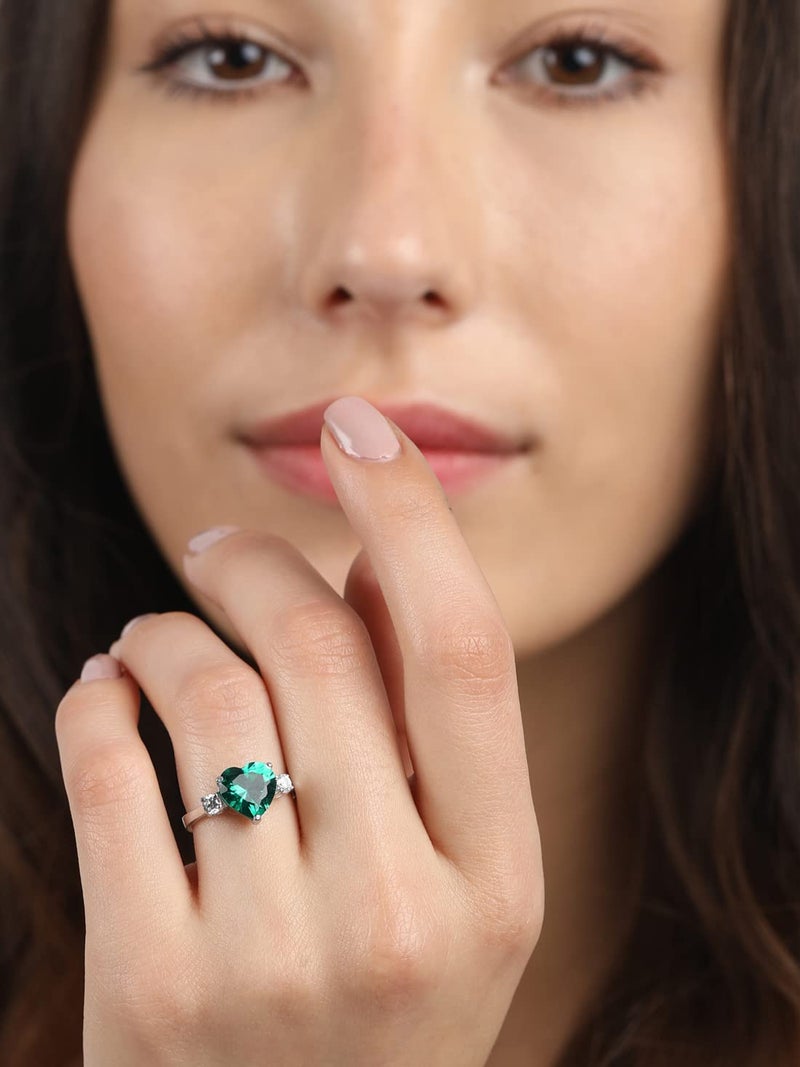 CLARA 925 Sterling Silver Dark Green Heart Ring with Adjustable Band | Rhodium Plated, Swiss Zirconia | Gift for Women & Girls - Image 3
