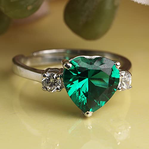 CLARA 925 Sterling Silver Dark Green Heart Ring with Adjustable Band | Rhodium Plated, Swiss Zirconia | Gift for Women & Girls - Image 2
