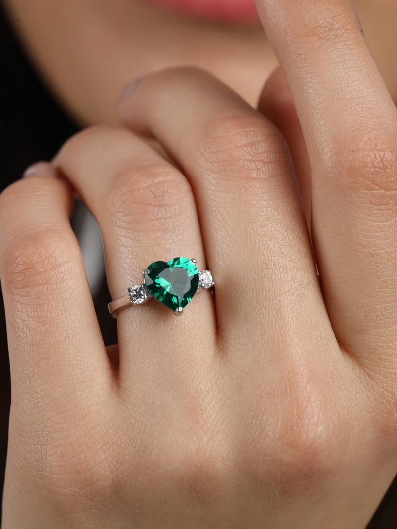 CLARA 925 Sterling Silver Dark Green Heart Ring with Adjustable Band | Rhodium Plated, Swiss Zirconia | Gift for Women & Girls - Image 4
