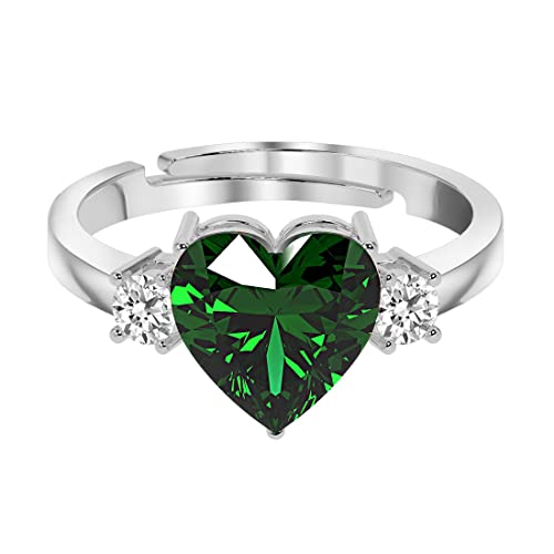 CLARA 925 Sterling Silver Dark Green Heart Ring with Adjustable Band | Rhodium Plated, Swiss Zirconia | Gift for Women & Girls - Image 1
