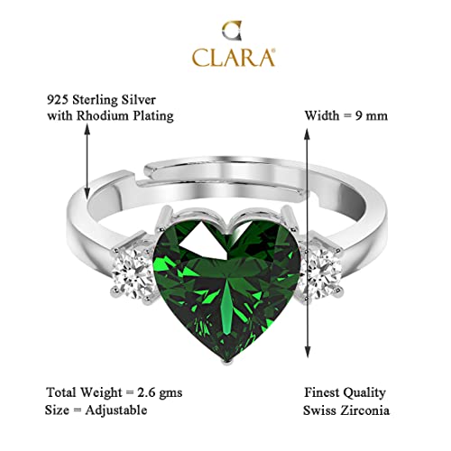CLARA 925 Sterling Silver Dark Green Heart Ring with Adjustable Band | Rhodium Plated, Swiss Zirconia | Gift for Women & Girls - Image 5
