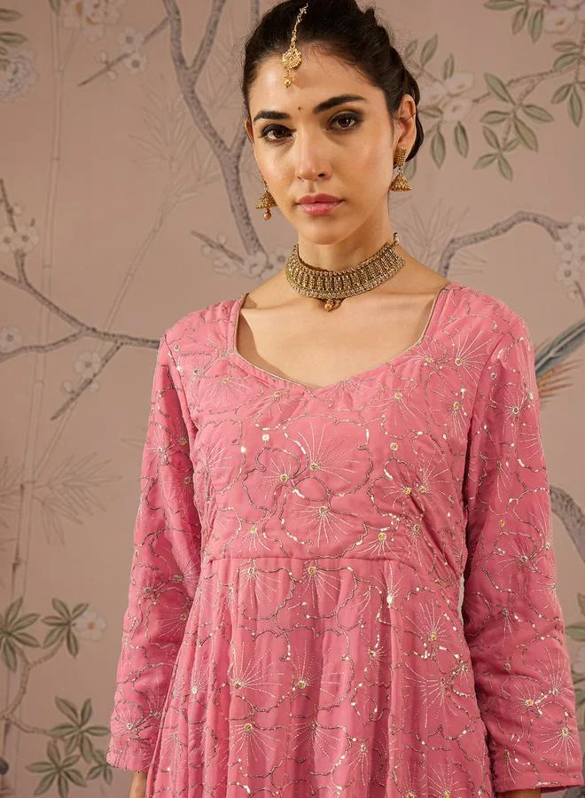 SASSAFRAS Embellished Sequins Sweetheart Neck Anarkali Kurta by Styli