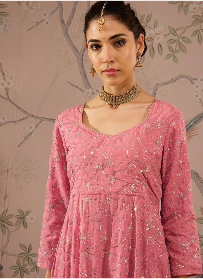 SASSAFRAS Embellished Sequins Sweetheart Neck Anarkali Kurta by Styli  - Image 3