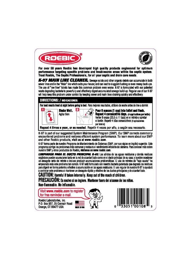 Roebic K-97 Main Line Cleaner: Exclusive Bacteria Digests Paper, Fats, and Grease in Sewer and Septic Systems - 32 Ounces, Liquid - Image 2