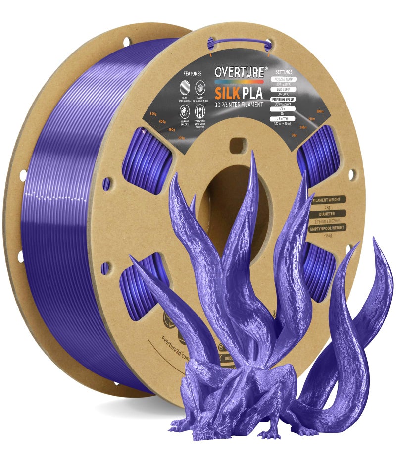 OVERTURE Silk Filament PLA 1.75mm Clog-Free Shiny 3D Printer Consumables, 1kg Spool (2.2lbs), Dimensional Accuracy +/- 0.02 mm, Fit Most FDM Printer(Silk Purple) - Image 1