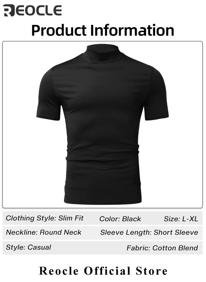 REOCLE - Men's T Shirt with High Neck Basic Designed Undershirt Slim Fit Top Casual Turtleneck T-Shirt Short Sleeve Summer Basic Tops - Image 1