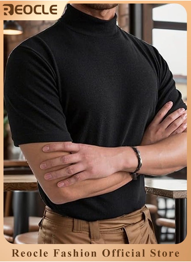 REOCLE - Men's T Shirt with High Neck Basic Designed Undershirt Slim Fit Top Casual Turtleneck T-Shirt Short Sleeve Summer Basic Tops - Image 1