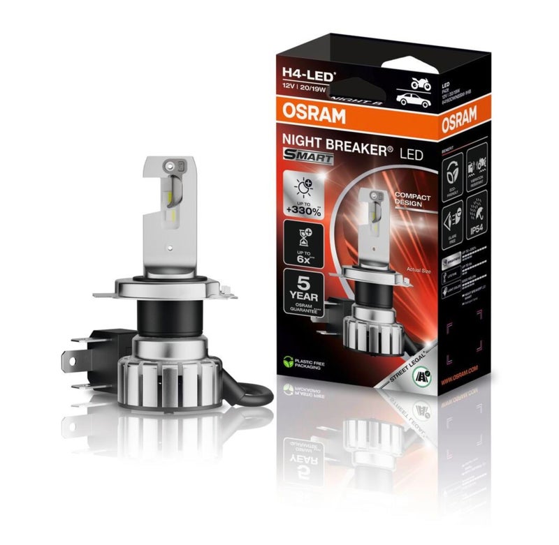 OSRAM Night Breaker LED Smart H4 for Motorcycles, Up to 330% More Brightness, 6000 K, LED Retrofit Lamp for Motorcycles with Road Legal - Image 1