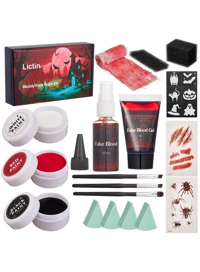 Lictin Halloween Special Effects Sfx Makeup Kit - White Black Red Face Body Paint With Fake Blood Spray & Gel, Zombie Vampire Skeleton Halloween Costume Clown Makeup  - Image 1