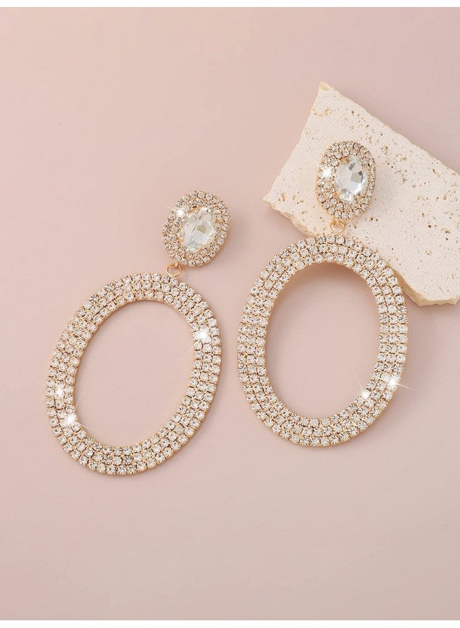 Chargances Dainty Round Rhinestone Earrings Shiny Big Crystal Circle Drop Dangle Earrings Fashion Stud Earrings For Women Gift Party (Gold) - Image 2