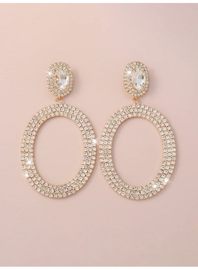 Chargances Dainty Round Rhinestone Earrings Shiny Big Crystal Circle Drop Dangle Earrings Fashion Stud Earrings For Women Gift Party (Gold) - Image 3