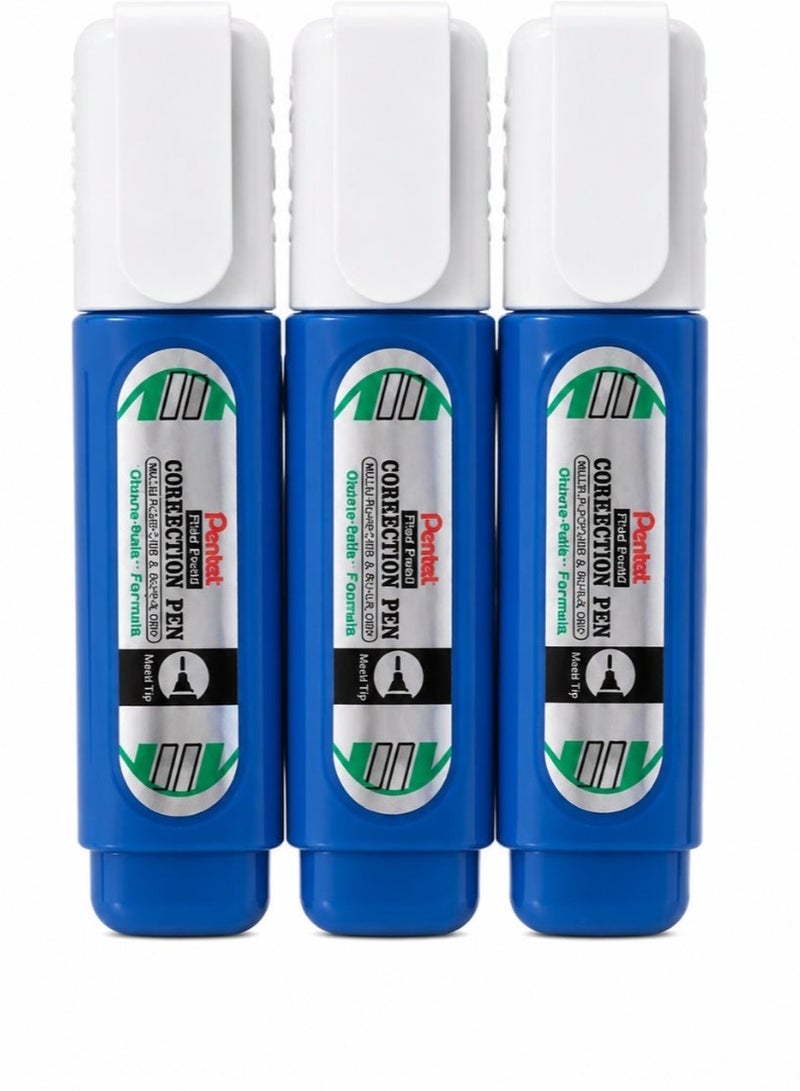 Pentel Correction Pen 12ml, Fine Metal Tip, Quick Dry Correction Fluid, White, Pack of 3