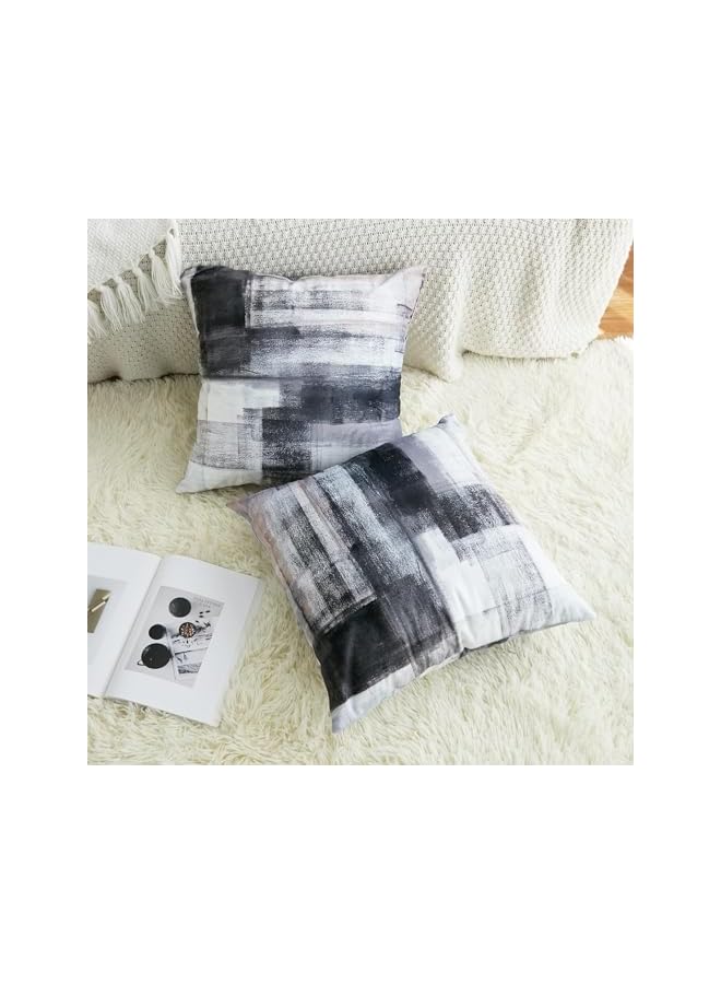 The Bros Black White Velvet Abstract Pillow Covers Set of 2, Modern Accent Gray Throw Pillow Cover, Soft Elegant Decorative Couch Cushion Cover, for Bed Living Room Outdoor Sofa Pillowcases 18x18 Inch - Image 4