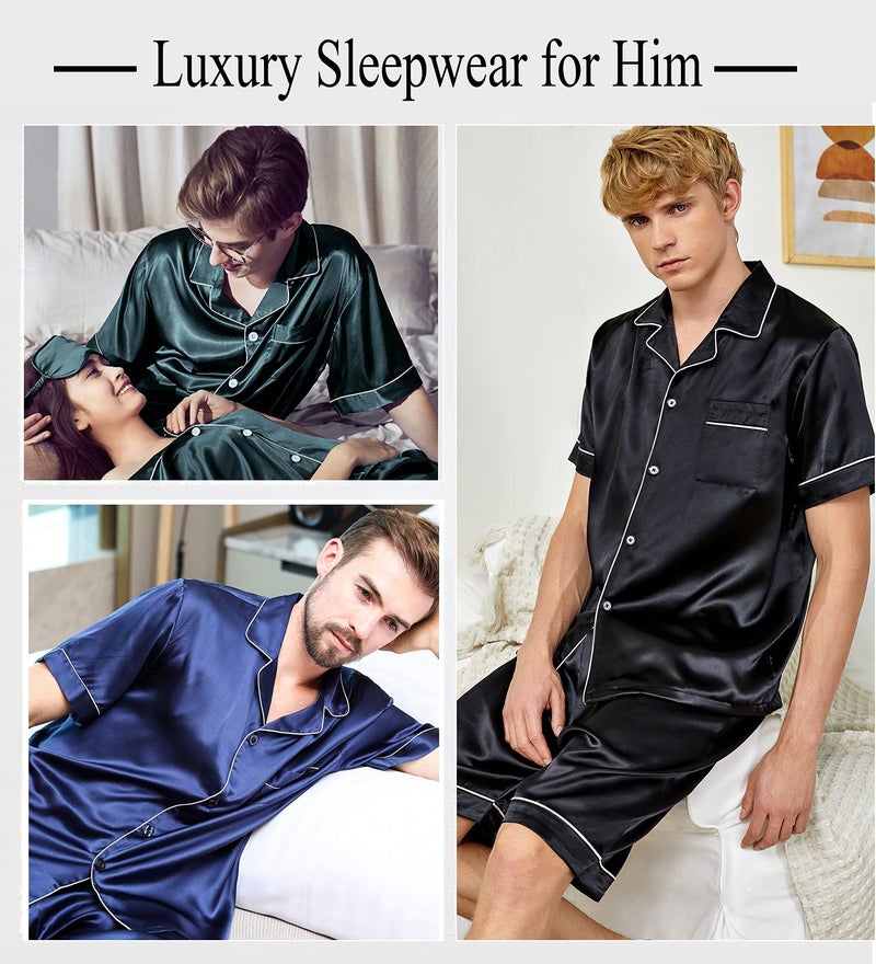 SWOMOG Men Satin Silk Pajamas Sets Short Sleeve Sleepwear Button-Down PJs Sets Two-Pieces Loungewear with Pockets Black - Image 5
