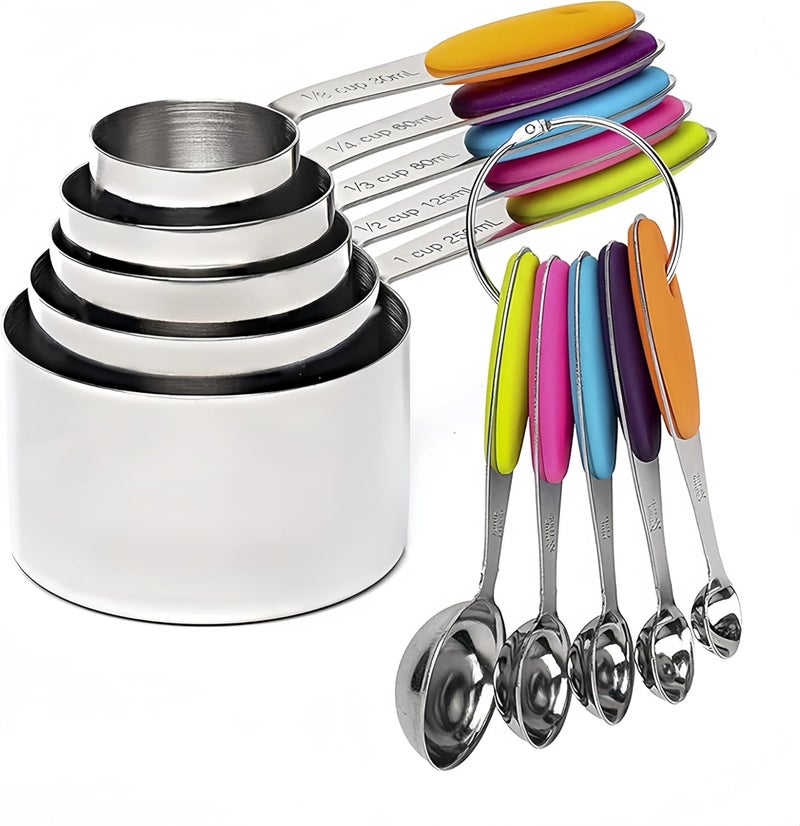 RUNZI 10 Pcs Measuring Cups and Spoons Set,Stackable Metal Measure Cup for Measuring Dry and Liquid Ingredients，Used Kitchen Dry Food, Cooking Baking Measurements - Image 1