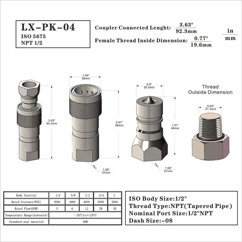 Undercarriage 2-Sets 1/2'' NPT ISO5675 Carbon Steel Hydraulic Quick Connect Coupling/Coupler Poppet Valve with Dust Cap - Image 2