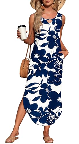 MISFAY Women's Summer Maxi Dress Sleeveless Loose Long Beach Split Dresses with Pockets(White Navy Flower,L) - Image 1