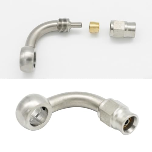 KRD PERFORMANCE Stainless Steel 90 Degree Brake Hose End Fitting Banjo Eye Hole Diameter 112mm 716 to AN3 PTFE Brake Hose Line With Brass Olive - Image 1